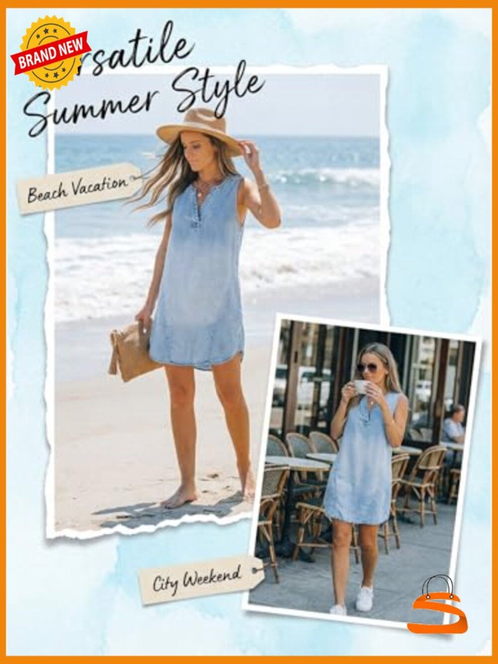 Denim Mini Dress V Neck Sleeveless A-Line Casual Summer Outfits - Picture 6 of 7